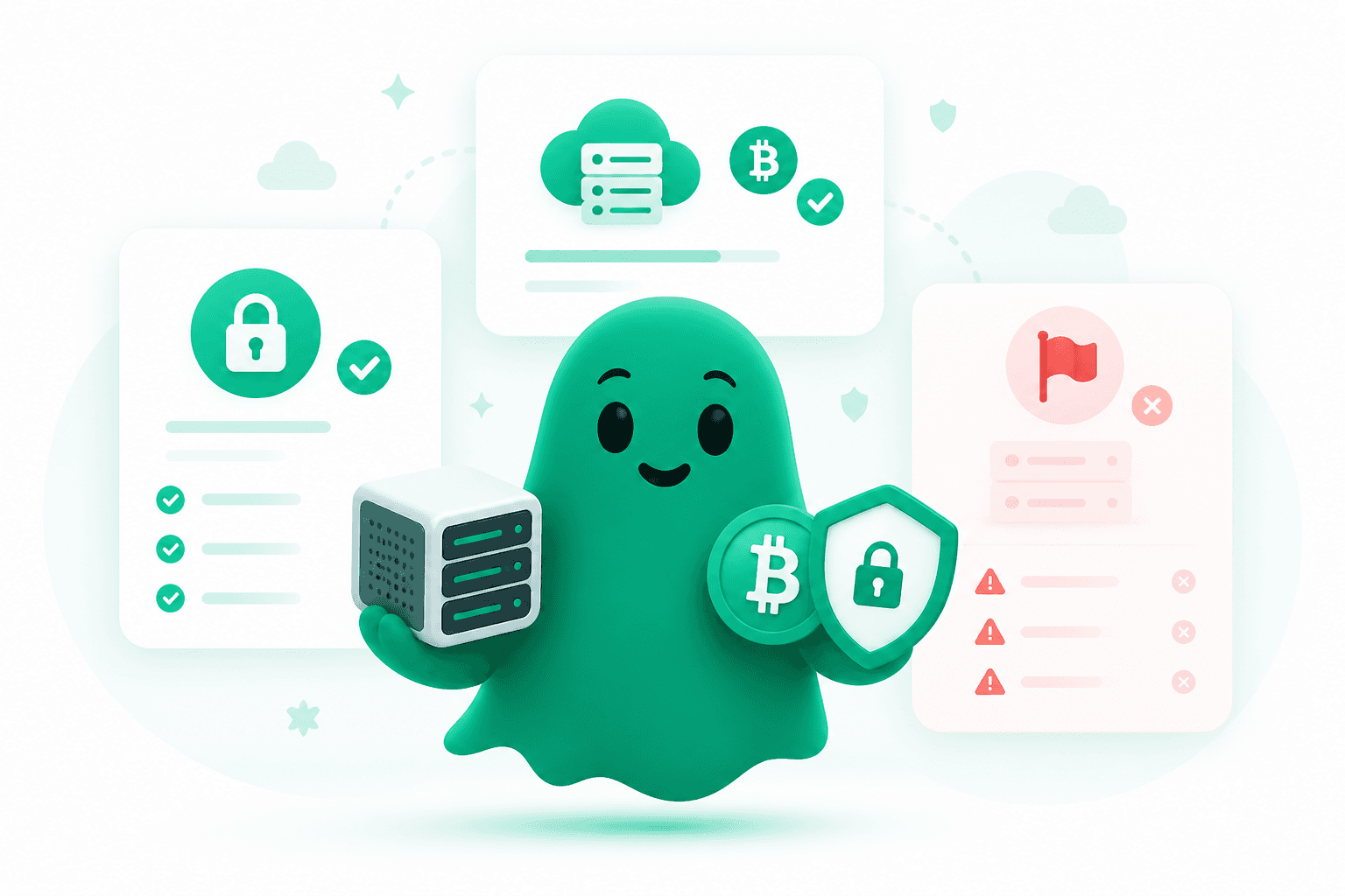 TrustGhost mascot comparing anonymous crypto VPS hosts, Bitcoin payment, and no-KYC privacy hosting