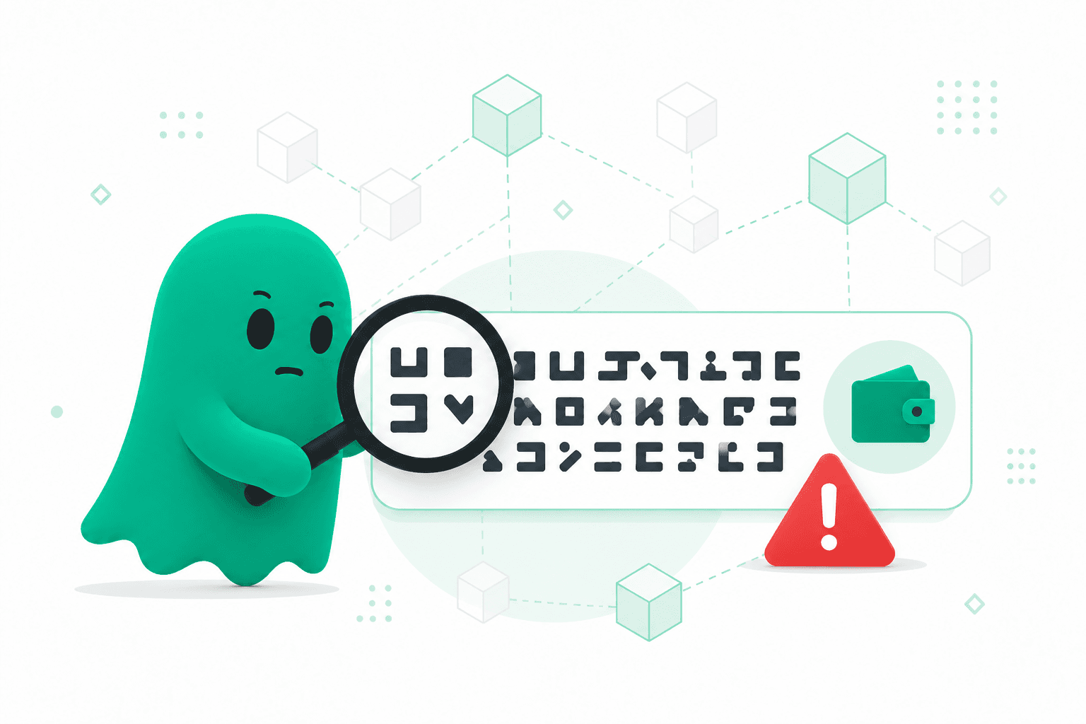 Green ghost inspecting a crypto wallet address with a magnifying glass