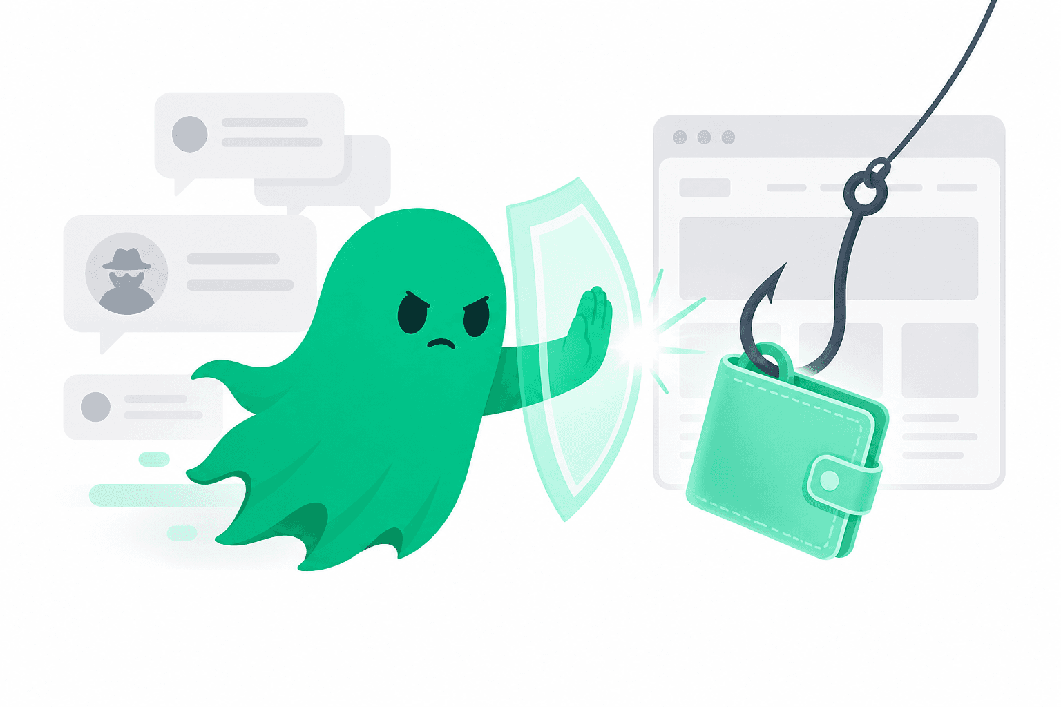 Green ghost blocking a phishing hook from a crypto wallet