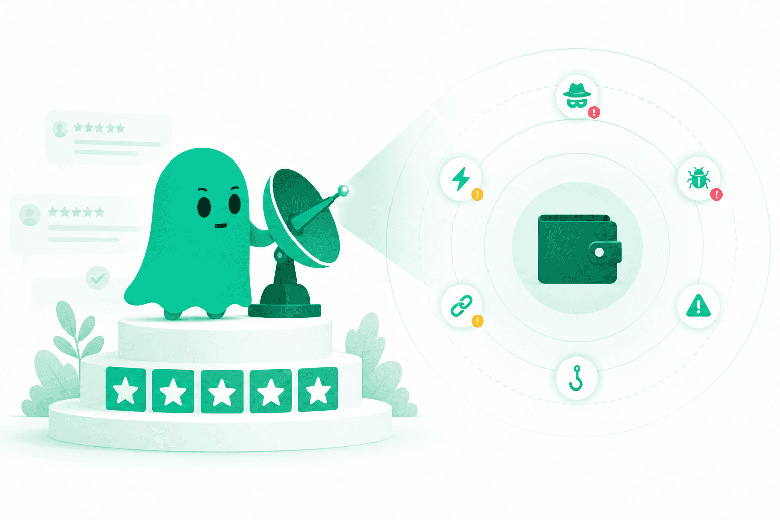Green ghost between review stars and a radar scanning wallet risk