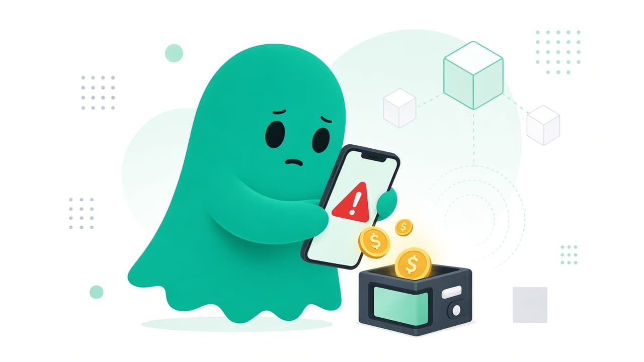 TrustGhost mascot with black eyes and mouth on a teal body, moving coins from a phone hot wallet to a hardware wallet