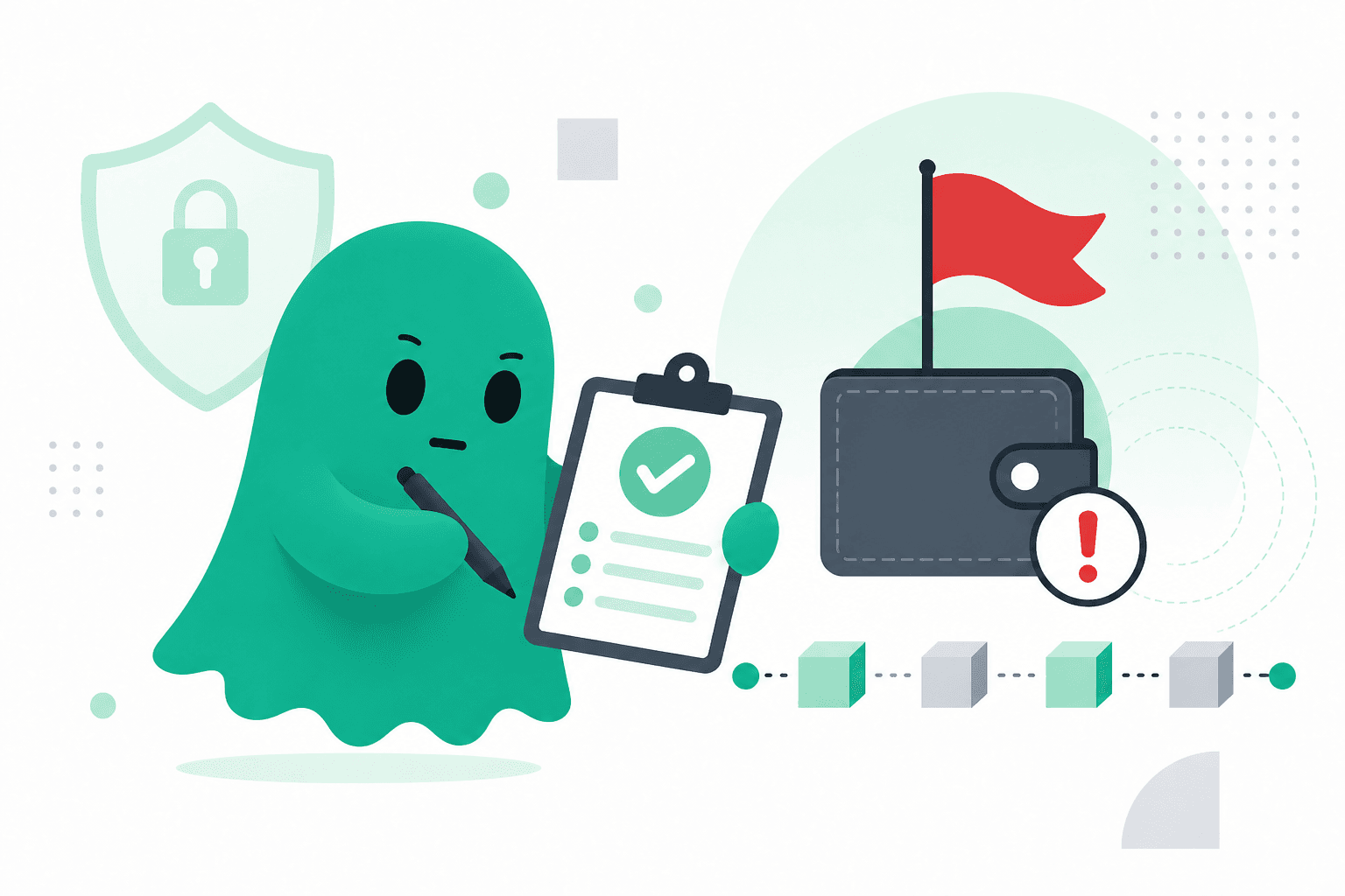 Green ghost filing a clipboard report next to a flagged wallet
