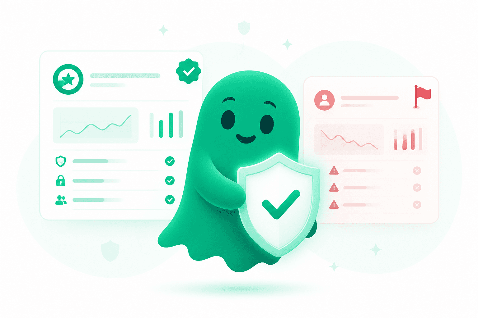 Green TrustGhost mascot holding a verification shield beside crypto exchange cards