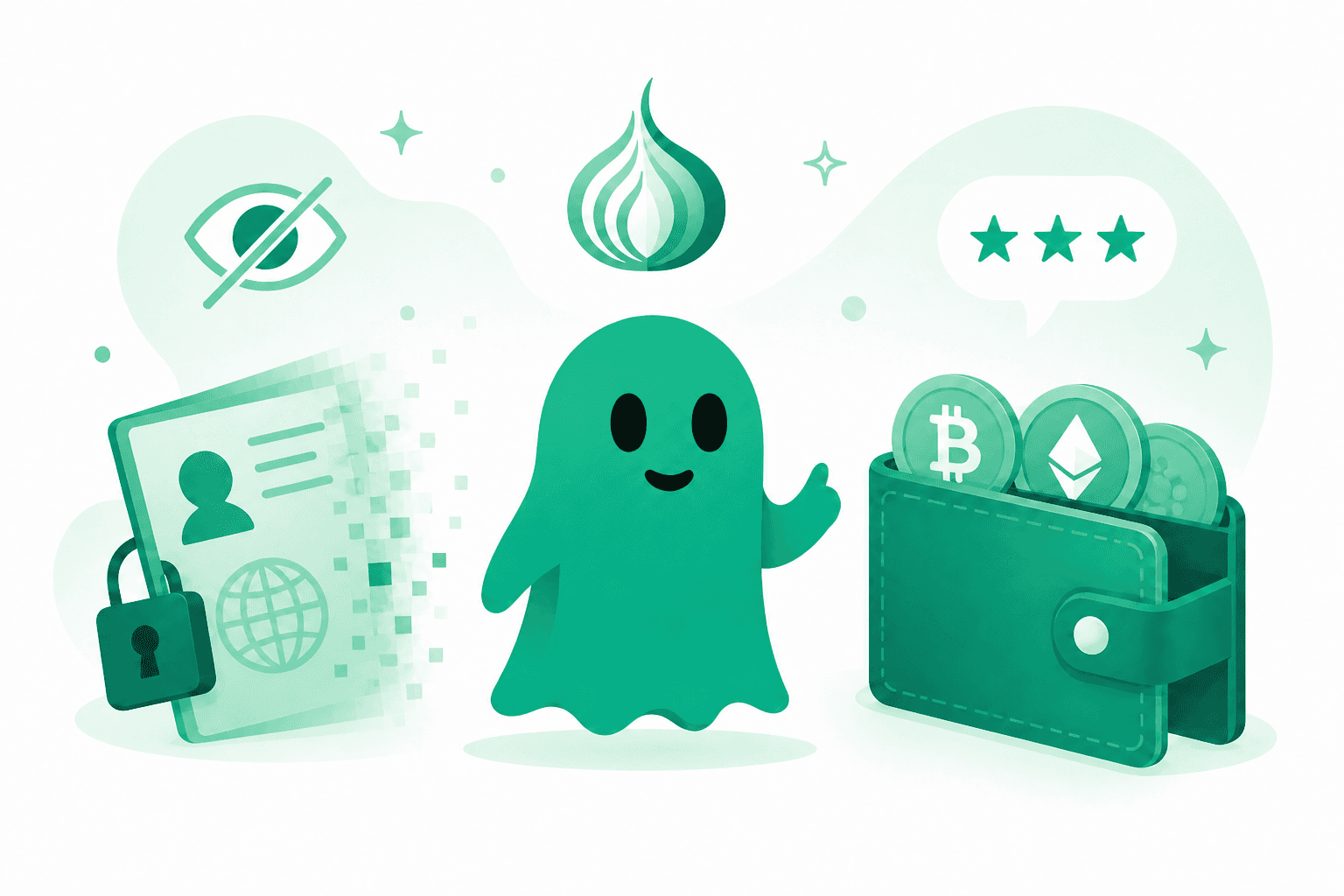 Green ghost between a fading ID document and an open crypto wallet